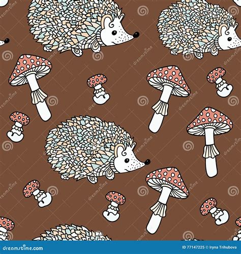 Seamless Pattern With Hedgehogs And Mushrooms Stock Vector