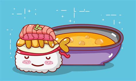Kawaii Sushi Tempura Fish And Soup Food Japanese Cartoon Sushi And