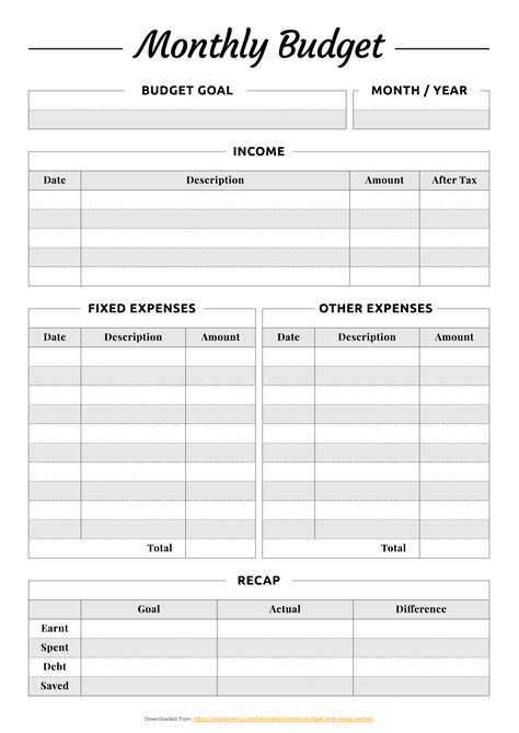 Printable Monthly Budget With Recap Section Pdf Download Budget