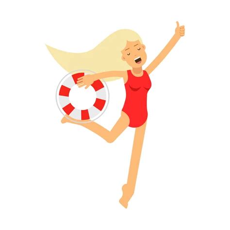 Blonde Lifeguard Girl Character In A Red Swimsuit Running With Lifebuoy