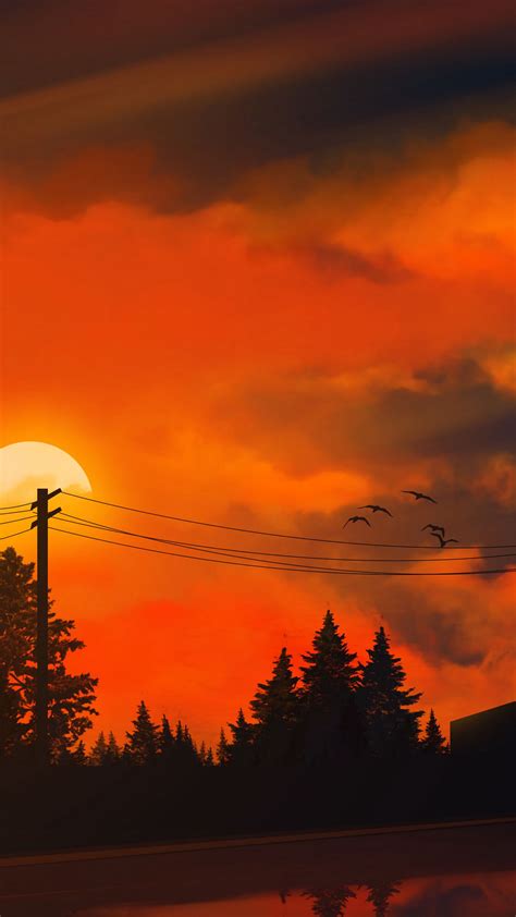 Download Wallpaper 1350x2400 Sunset Sun Trees Wires Art Iphone 87