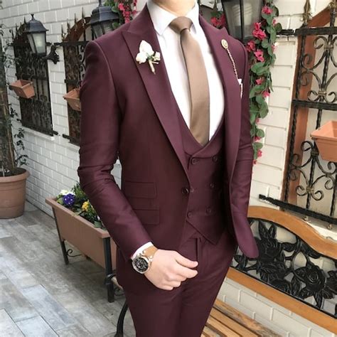 Men Suits 3 Piece Formal Fashion Slim Fit Suit Burgundy Etsy