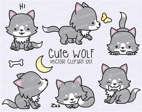 Wolf Clipart, Vector Clipart, Vector Art, Cute Wolf Drawings, Kawaii