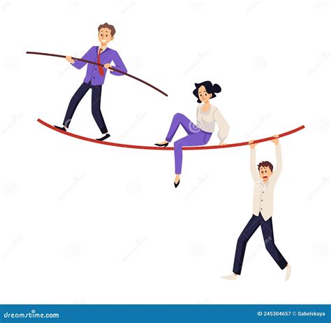 Scared Office Workers Walking On Rope With Balancing Stick Flat Vector