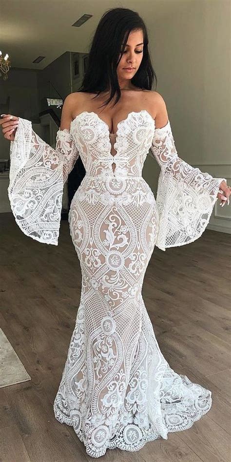 White Lace Wedding Dress Mermaid Long Wedding Dess Bell Sleeves Wedding Dressfabric Laceconta