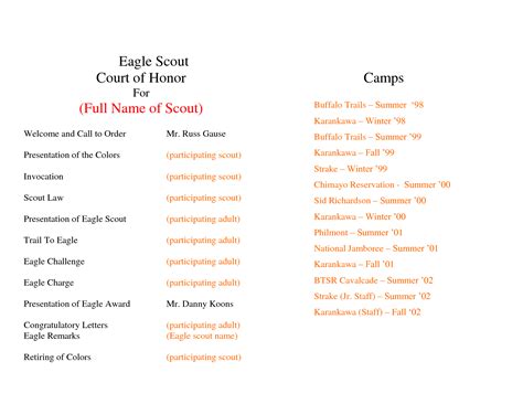 Download the latest eagle scout workbook document or fill out the editable & printable pdf template online. eagle court of honor program template - Google Search ...