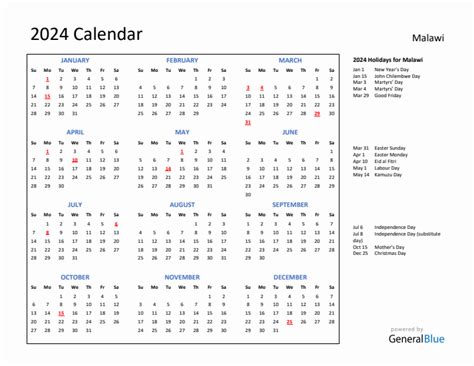 2024 Malawi Calendar With Holidays
