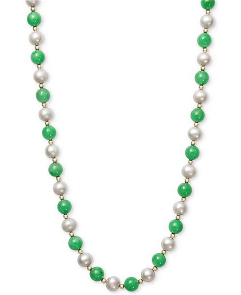 Macys Cultured Freshwater Pearl And Jade Necklace In 14k Gold