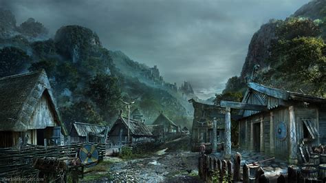 Painting Of Wooden Houses And Mountain Vikings Village Hd Wallpaper