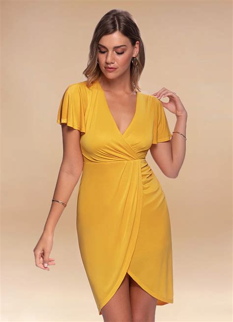 Double The Fun Sunset Yellow Surplice Midi Dress Dresses Azazie