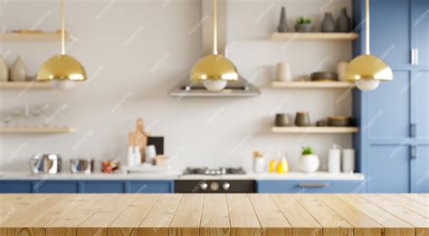 Premium Photo Empty Wooden Table And Blurred Kitchen White Wall
