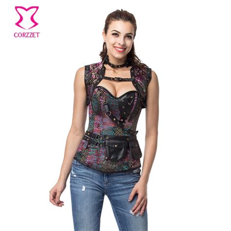 Purple Brocade And Black Leather Steampunk Corset Halloween Korsett For Women Sexy Gothic Clothing