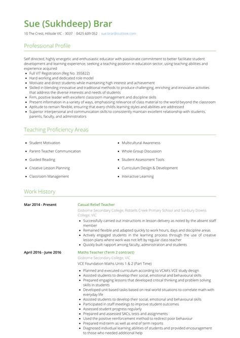 Teacher resume sample—experienced teacher resume. Relief Teacher - Resume Samples and Templates | VisualCV