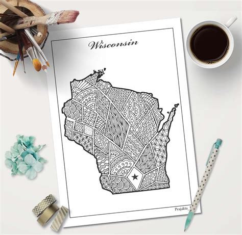 Wisconsin State Map Coloring Page Patriotic Printable Art Etsy