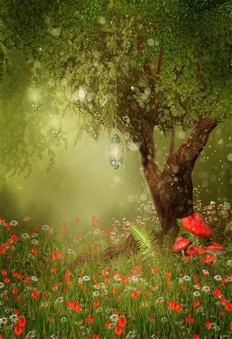 Magic Forest Tree Photography Backdrops Red Rushroom Flowers Etsy