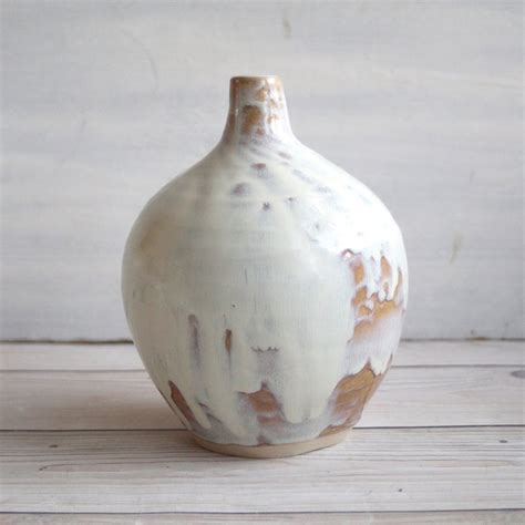 Andover Pottery — Round Ceramic Vase In White And Ocher Glaze Handmade Pottery Made In Usa