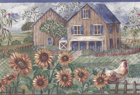 A Painting Of A House With Sunflowers In The Foreground And A Rooster