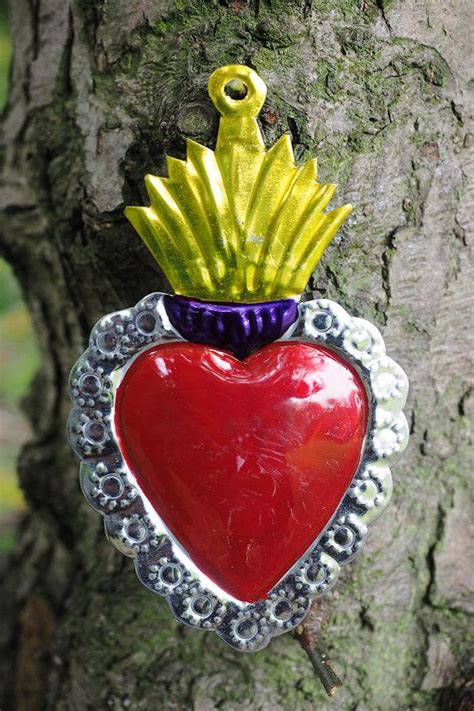 Tin Red Heart Milagro With Flowers Contour Hand Chiseled