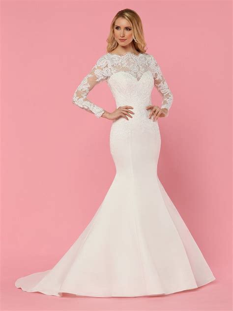 Davinci Bridal 50460 Satin Mermaid Wedding Dress Sheer Lace High Neckl Sheer Wedding Dress