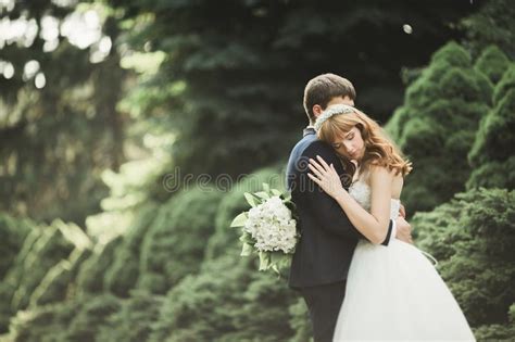 Beautiful Romantic Wedding Couple Of Newlyweds Hugging In Park On