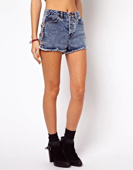 Asos Asos High Waist Denim Shorts In Acid Wash With Side Lattice Detail