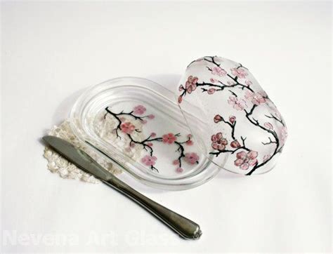Hand Painted Glass Butter Dish Sakura Cherry Blossom Design Etsy Hand Painted Glassware
