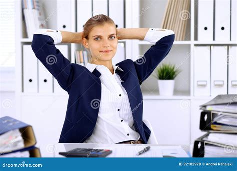 Happy Business Woman Or Female Accountant Having Some Minutes For Time