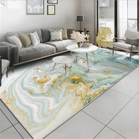 Aovoll Nordic Style Abstract Stone Pattern Light Green Gold Carpet Rugs