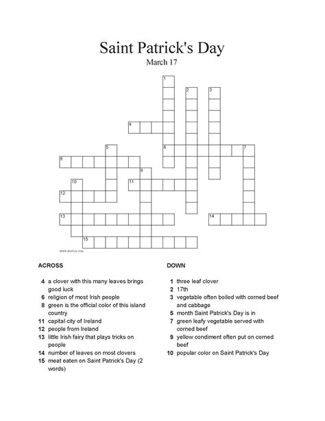 Patrick's day crossword puzzle for kids. St. Patrick's Day Crossword Puzzle. Click the source for the answer key. Open in New Window for ...
