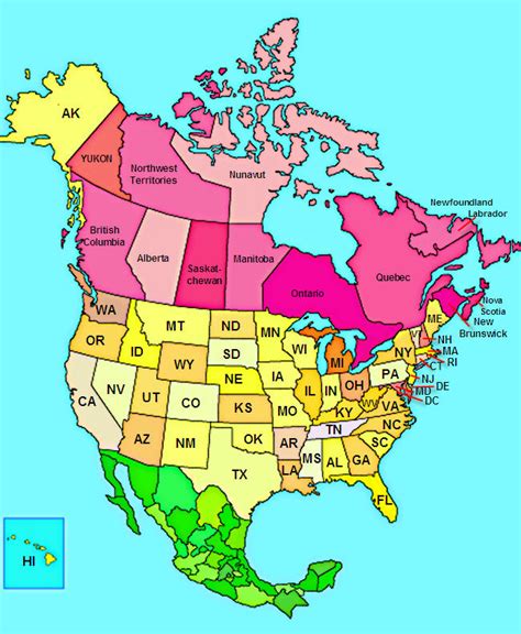 Map Of North America Showing States And Provinces