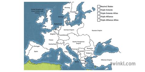 1914 Alliances Blank Map War Countries History Europe First World War