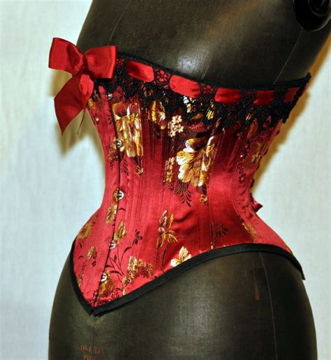 Handmade Brocade Red Silk Mid Bust Corset Custom Made Just For
