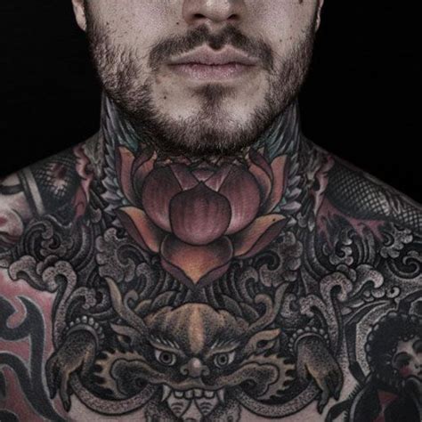 Man Lotus Flower Tattoo In Full Neck Tattoos Neck Tattoo For
