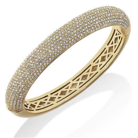 10 Row 18k Gold Plated Clear Pave Crystal Hinged Bangle Bracelet Dsf