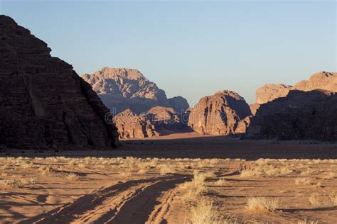 Wadi Rum The Moon Valley Desert Landscape At Sunset Time Jordan Stock