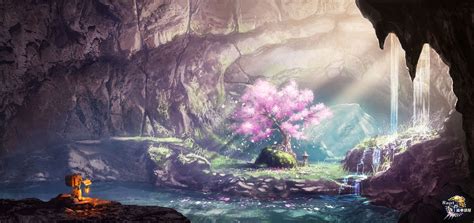 Download 2560x1440 Fantasy Landscape Scenery Waterfall Sakura Tree