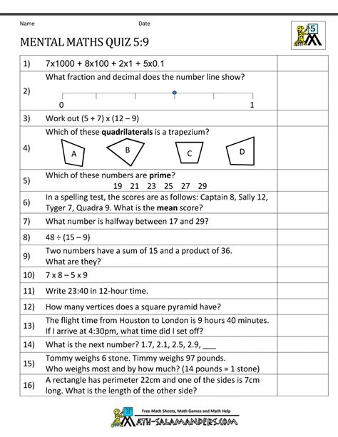 Mental Maths Practise Year 5 Worksheets