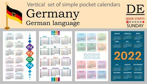 German Vertical Pocket Calendar For 2022 Week Starts Sunday Stock