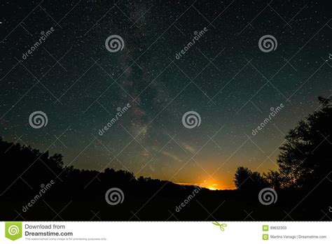 Beautiful Milky Way Galaxy On A Night Sky And Silhouette