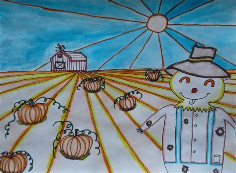 A Faithful Attempt One Point Perspective Scarecrow In A Pumpkin Field
