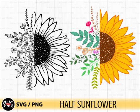 Art And Collectibles Drawing And Illustration Png Sunflowers Svg Half