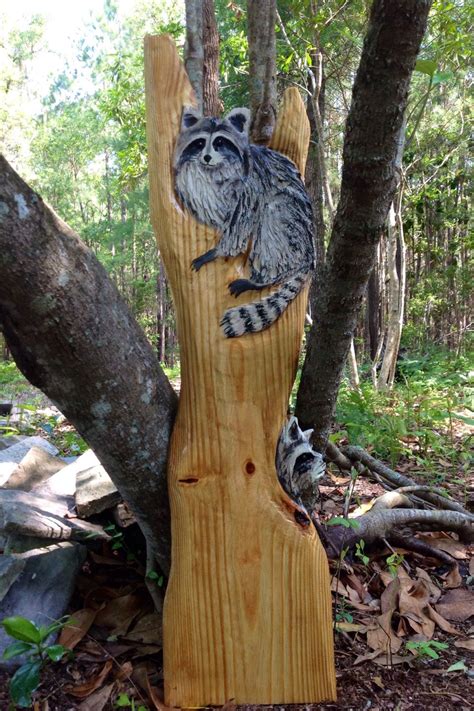Two Raccoons In Tree 43 Chainsaw Wood Raccoon Carving Detailed