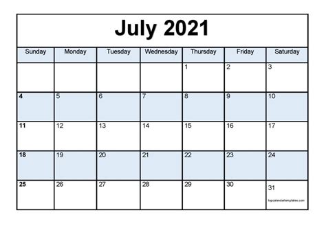 Calendars are available in pdf and microsoft word formats. Printable July 2021 Calendar Template - PDF, Word, Excel