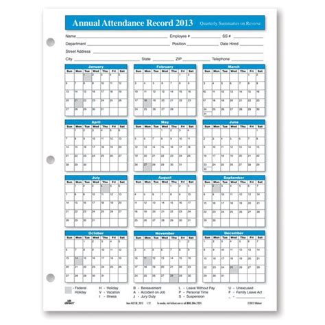 Annual Attendance Record Attendance Calendar Templates Calendar