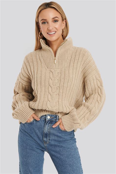 Wool Blend Half Zip Cable Sweater Beige Na Kd