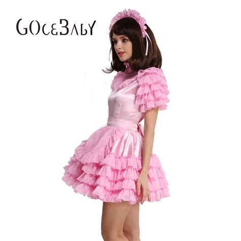 custom made forced sissy girl maid lockable pink satin organza puffy dress uniform cosplay