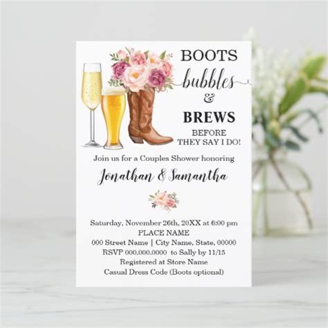 Boots Bubbles And Brews Shower Pink Flowers Invitation Zazzle