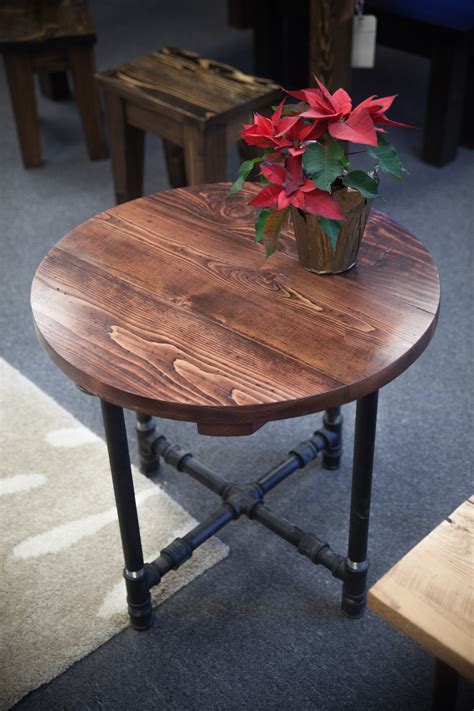 Round Industrial End Table End Table With Black Metal Pipe
