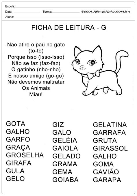 Ficha De Leitura Letra G Colorida