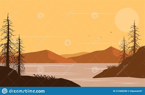 Stunning Mountain Views At Sunset From The Riverside Vector